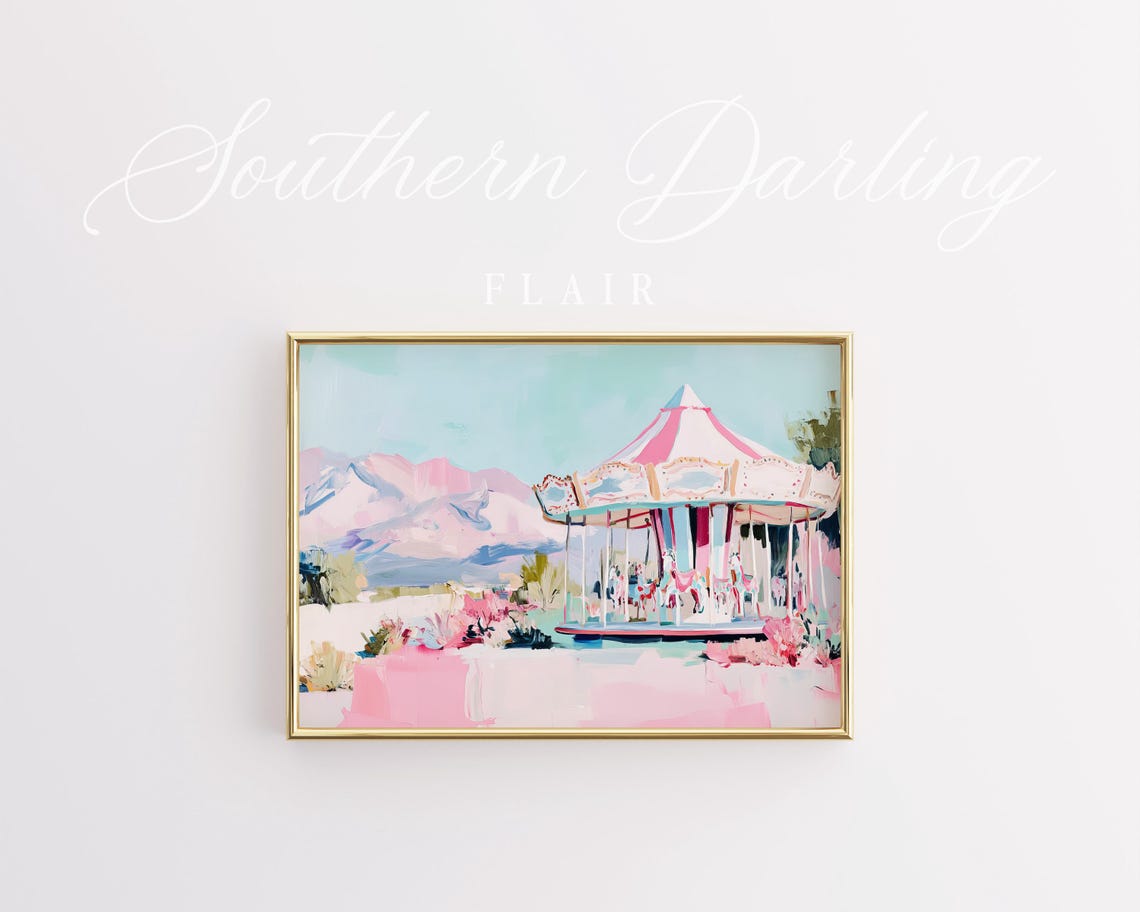 Pink And White Carousel With Mountains Pastel Amusement Art Poster - Image 2