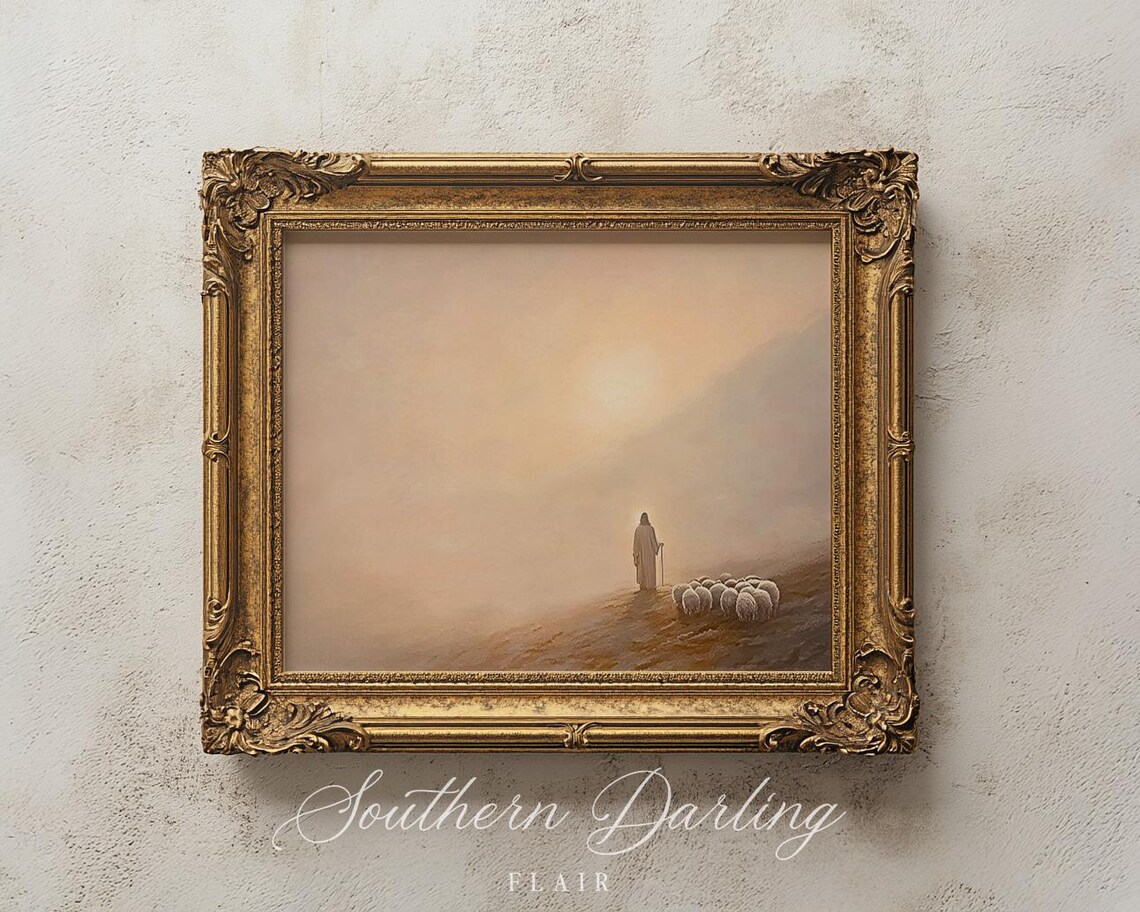 Jesus The Good Shepherd With His Flock On A Misty Golden Sunrise Poster - Image 2