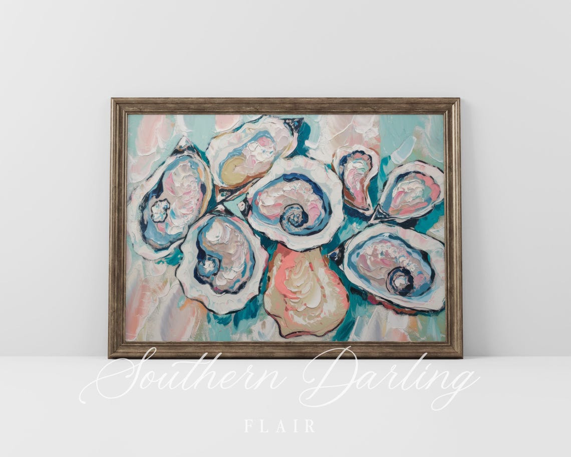 Colorful Oyster Shells Impasto Painting Teal Coastal Kitchen Poster - Image 3
