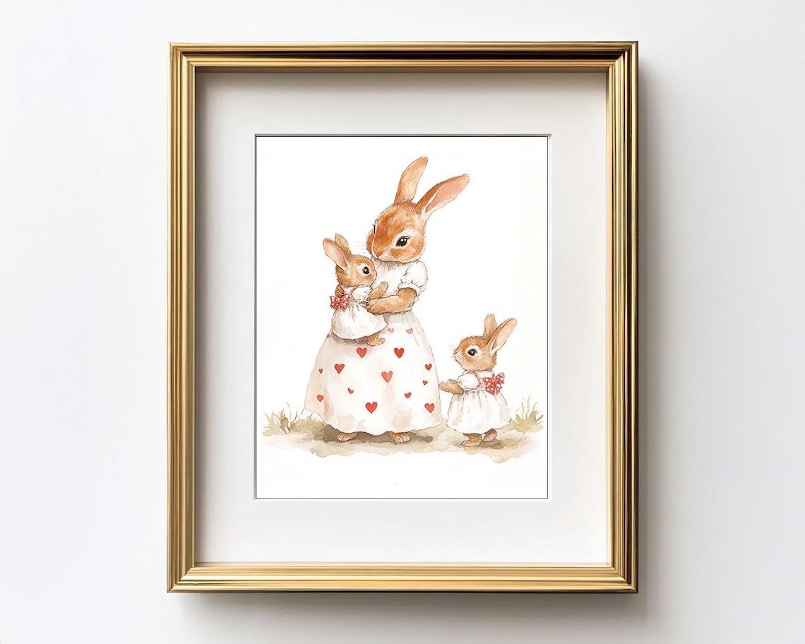 Mother Rabbit With Two Baby Bunnies Heart Dress Nursery Art Poster - Image 4