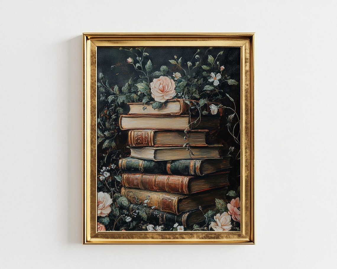 Dark Academia Books And Flowers Art Print, Cottagecore