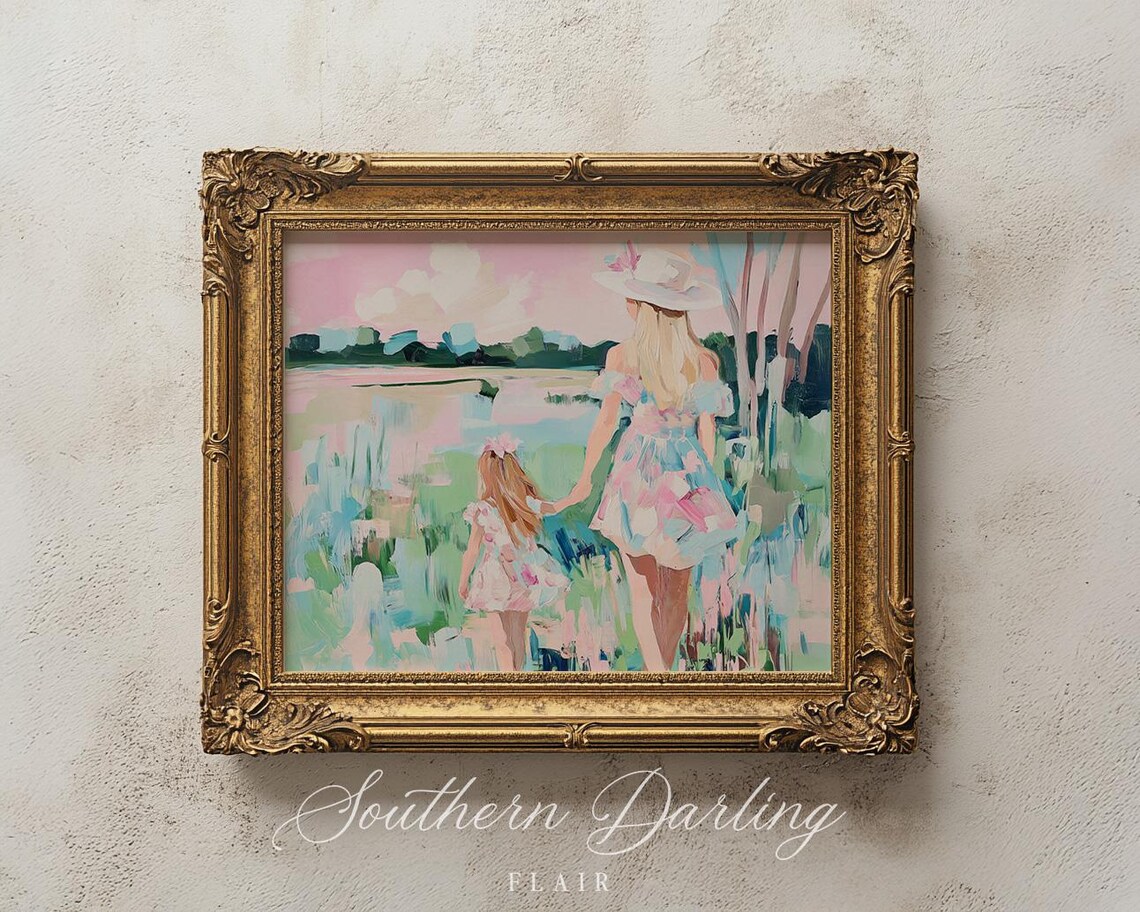 Vintage Motherhood Painting Pastel Grandmillenial Florida Landscape Painting Art Print Spring Pink Water - Image 2