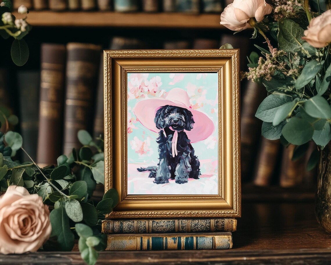 Black Goldendoodle In Pink Sun Hat Pastel Dog Portrait Art Poster - Image 5