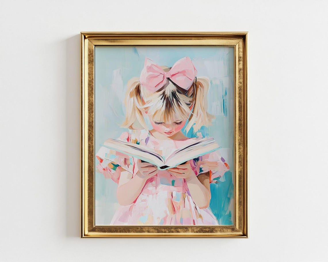 Blonde Girl With Pigtails Reading Book Pink Bow Nursery Art Poster