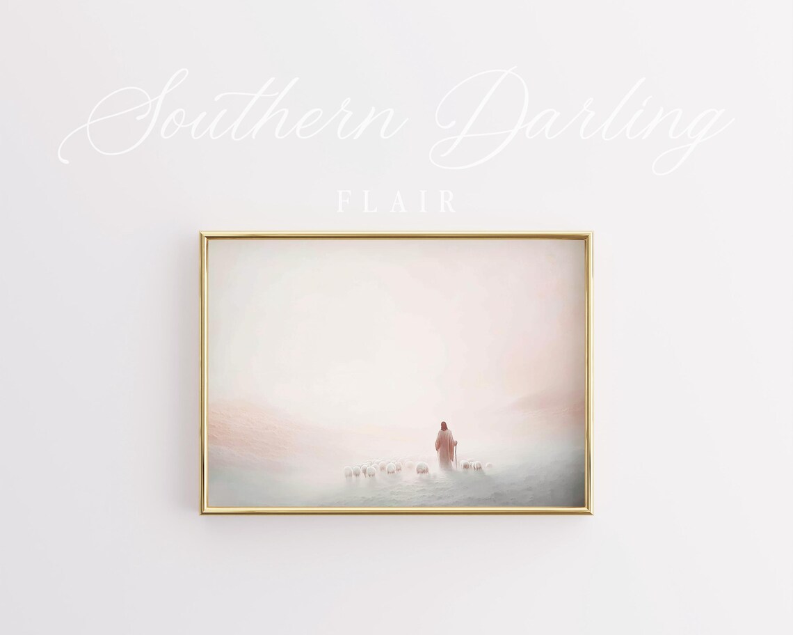 Jesus The Good Shepherd Leading Sheep Through Soft Morning Mist Poster - Image 5