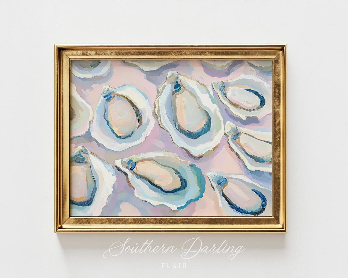 Pastel Oyster Shells On Pink Background Coastal Shell Art Poster