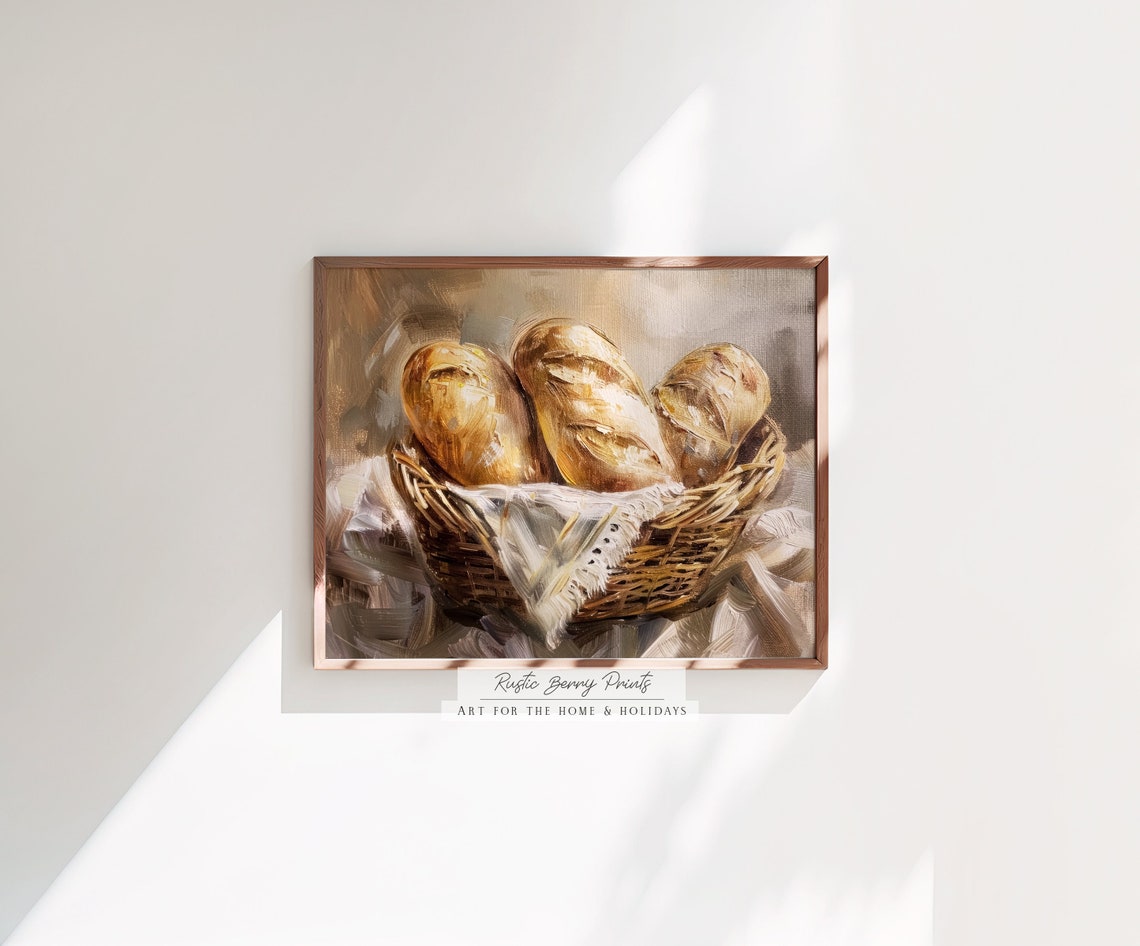 Fresh Baked Bread Basket Vintage Oil Painting Country Kitchen Wall Art