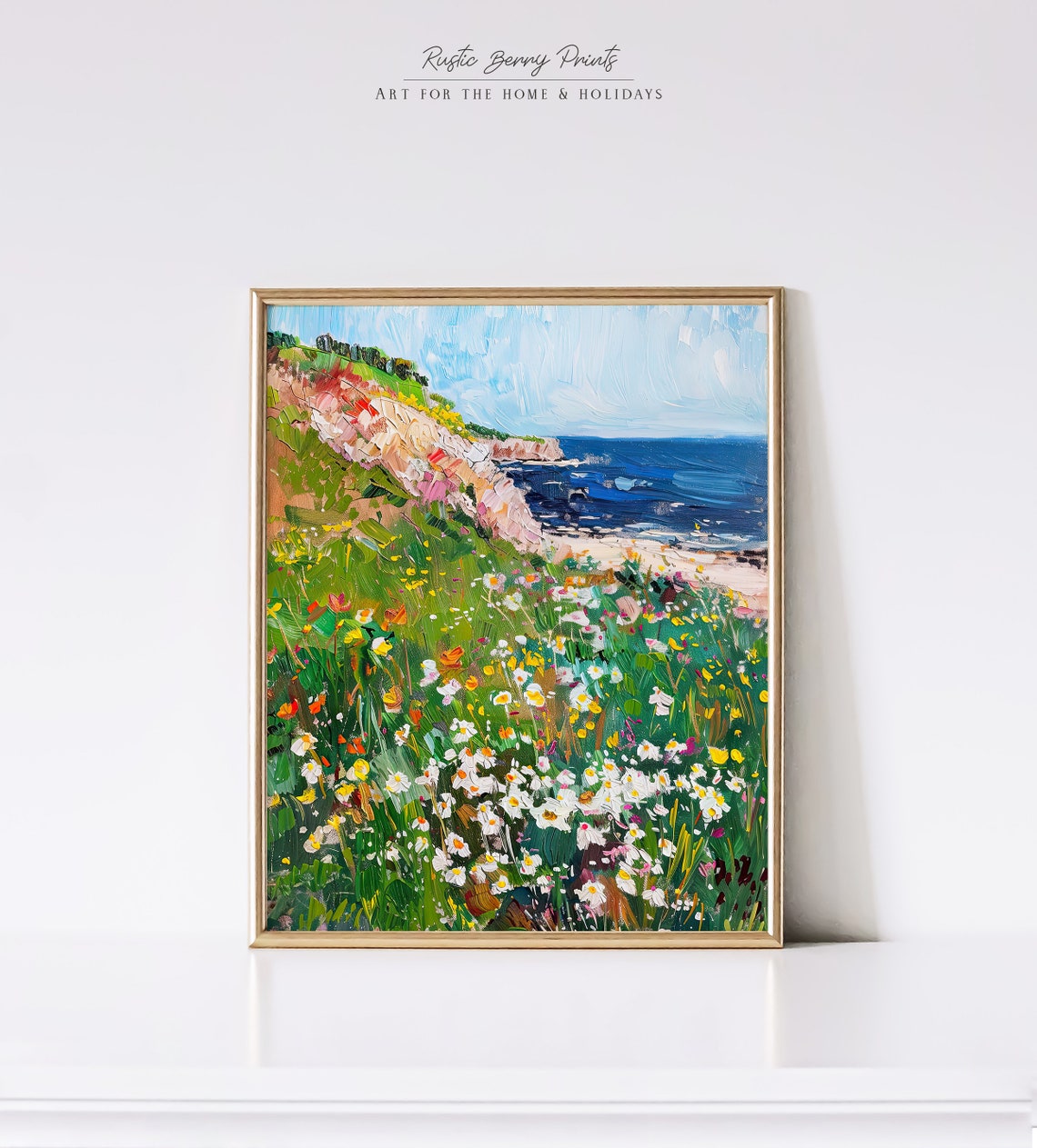 Wildflower Cliff Overlooking Blue Ocean Waves Coastal Summer Poster - Image 2