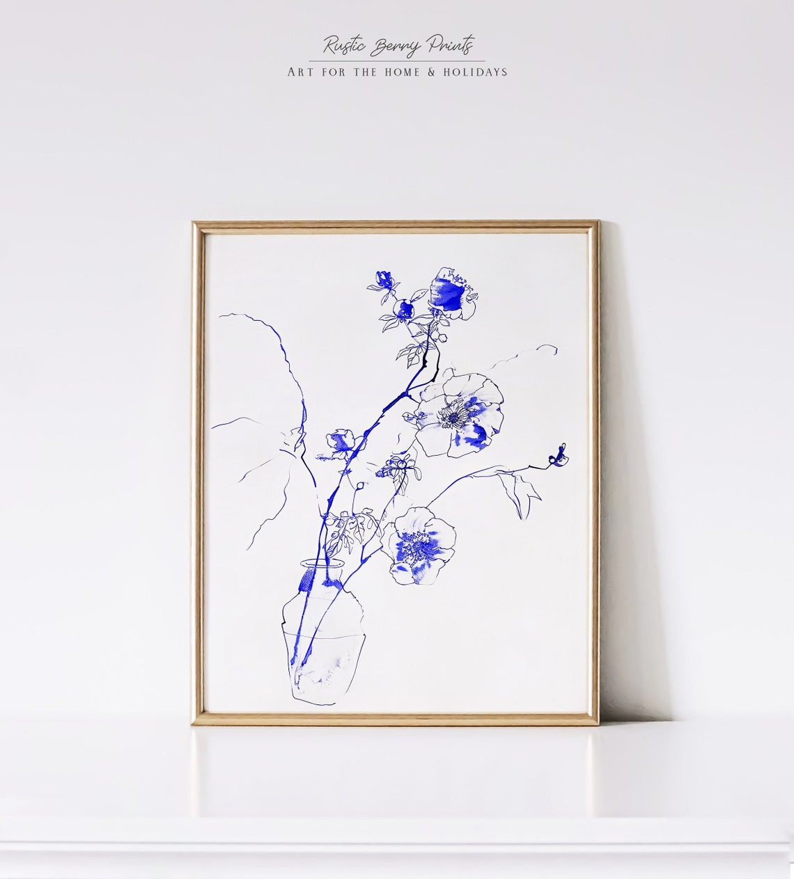 Blue Ink Botanical Wildflower Sketch Minimalist Floral Line Art Print