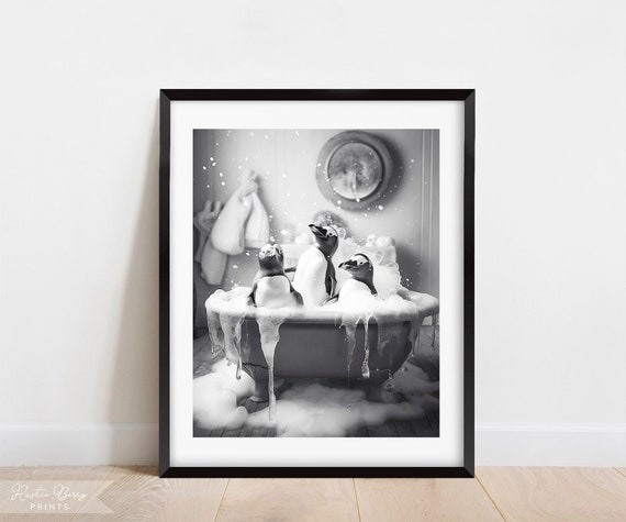 Penguins Bubble Bath Black And White Wall Art Clawfoot Tub Home Bathroom Decor Cute Instant