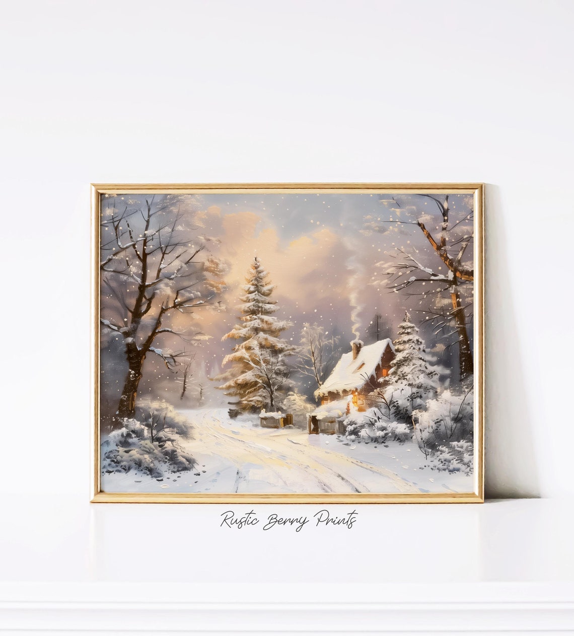 Winter Cabin Smoking Chimney Snowy Sunset Golden Trees Art Print