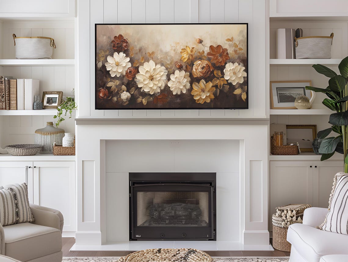 Moody Cream White Gold Brown Floral Bouquet Painterly Vintage Wall Art - Image 3