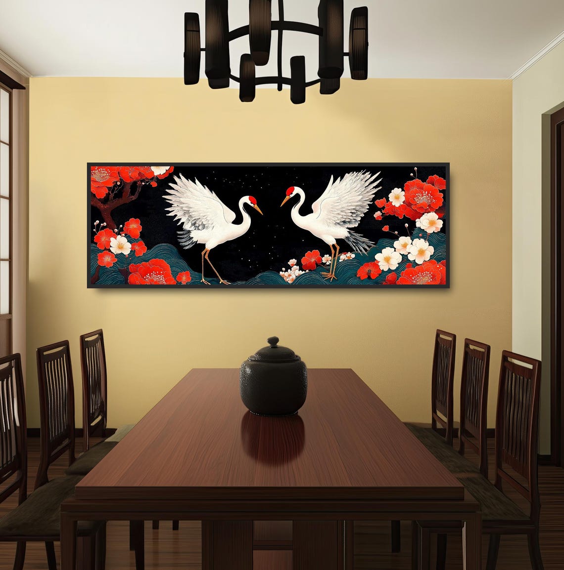 Two White Cranes Starry Night Camellia Flowers Japanese Art Print - Image 3