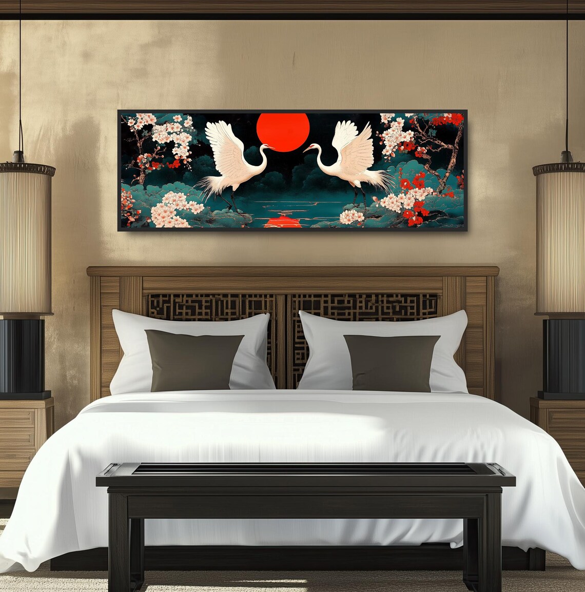 Two Japanese Cranes Rising Red Sun Cherry Blossom Lake Wall Print - Image 4