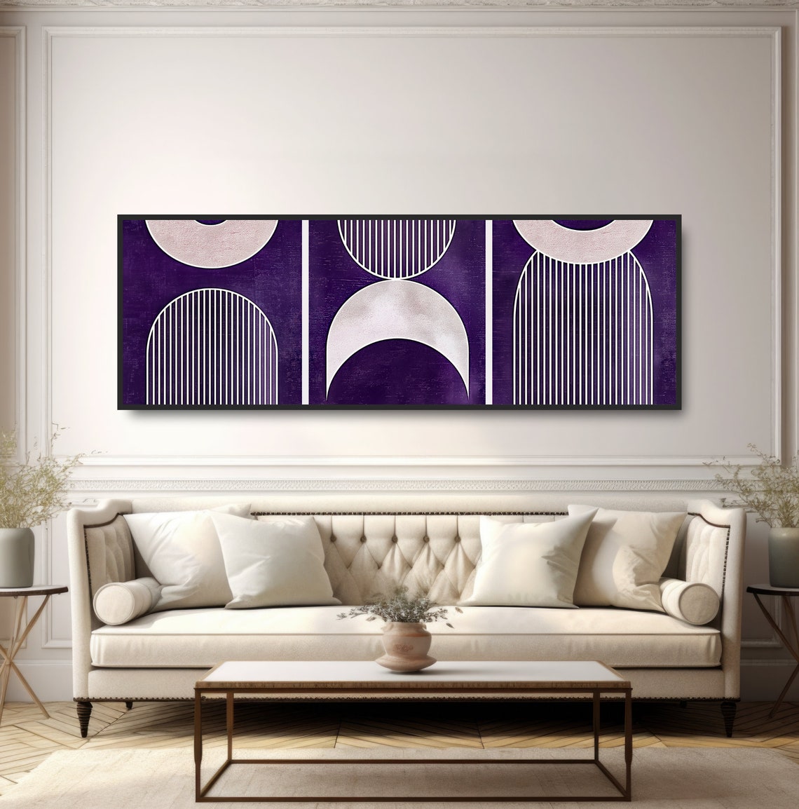Purple Geometric Modern Art Painting Bold Shapes Abstract Stripes Circles Arches Elegant Vintage Minimalist Panoramic Triptych Design - Image 5