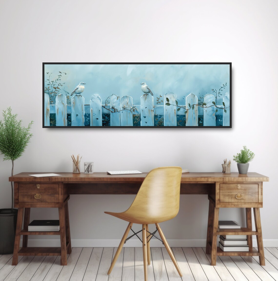 Two White Songbirds on Weathered Blue Picket Fence Watercolor Poster - Image 4