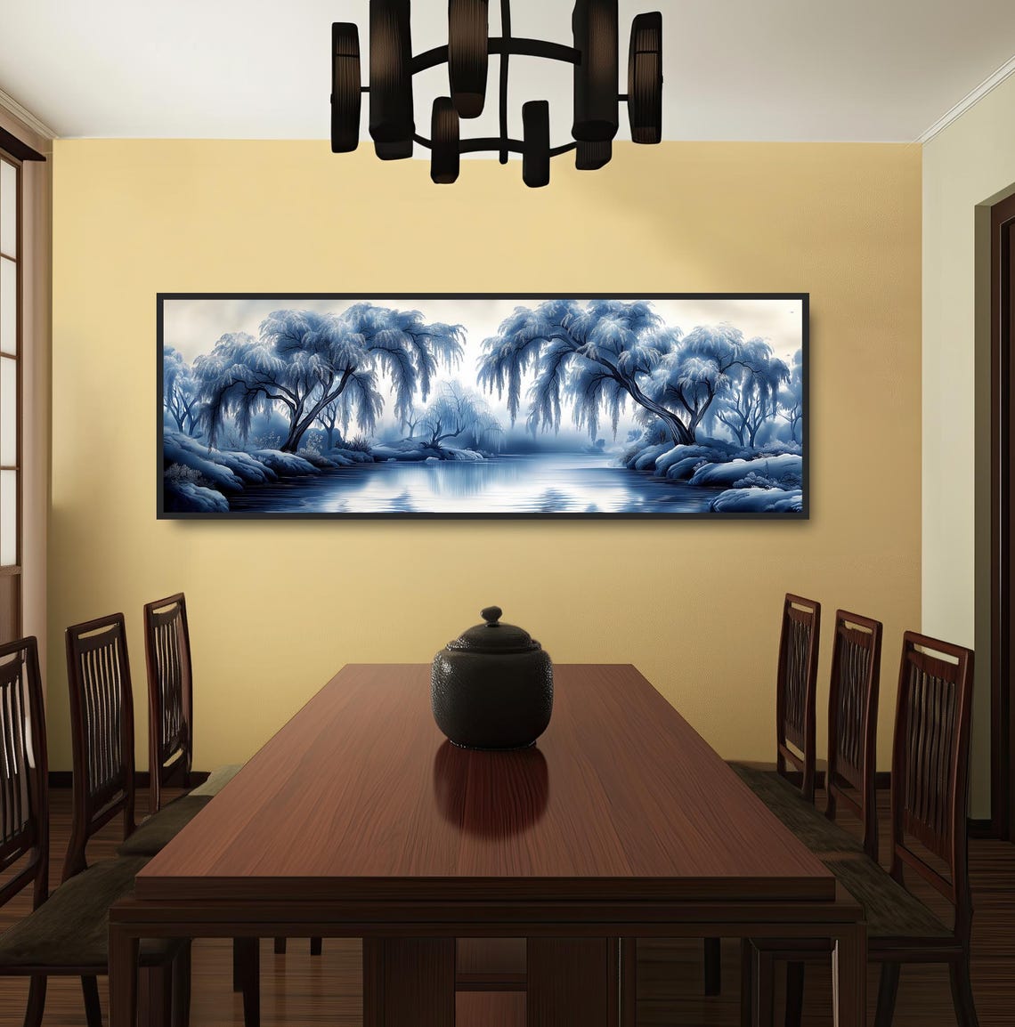 Willow Trees Frozen Lake Blue Chinoiserie Winter Scene Wall Print - Image 3