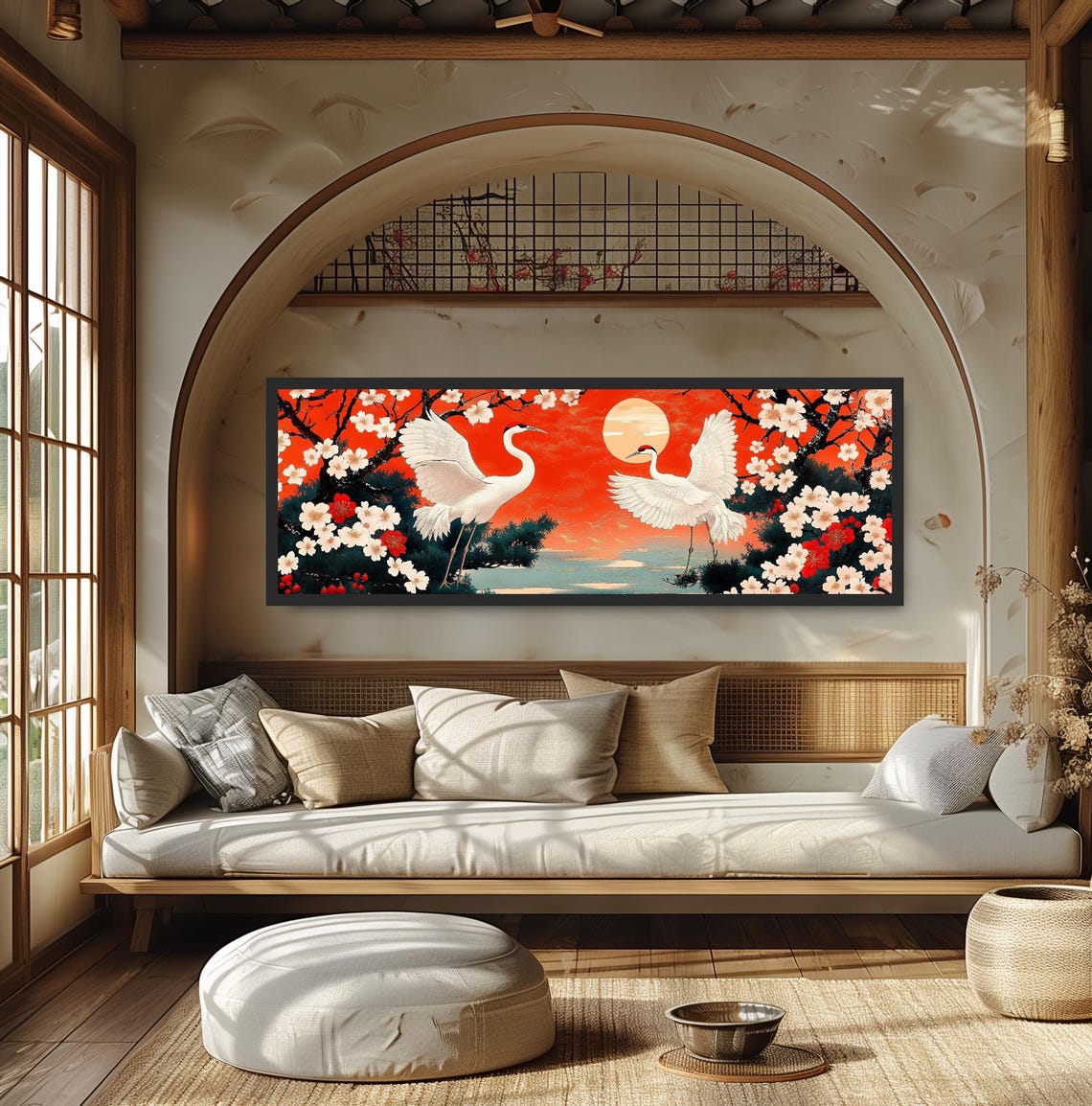Japanese Cranes Red Sunset Painting Cherry Blossom Birds Print - Image 5
