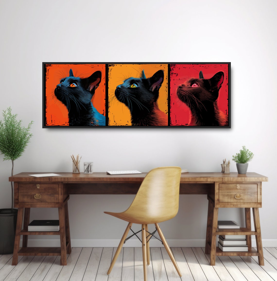 Black Cat Pop Art Triptych Comic Style Colorful Feline Wall Art Poster - Image 2