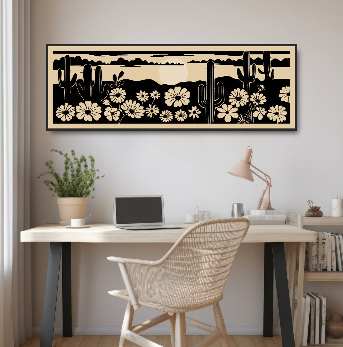 Retro Desert Daisies Saguaro Cactus Woodcut Floral Landscape Poster - Image 2