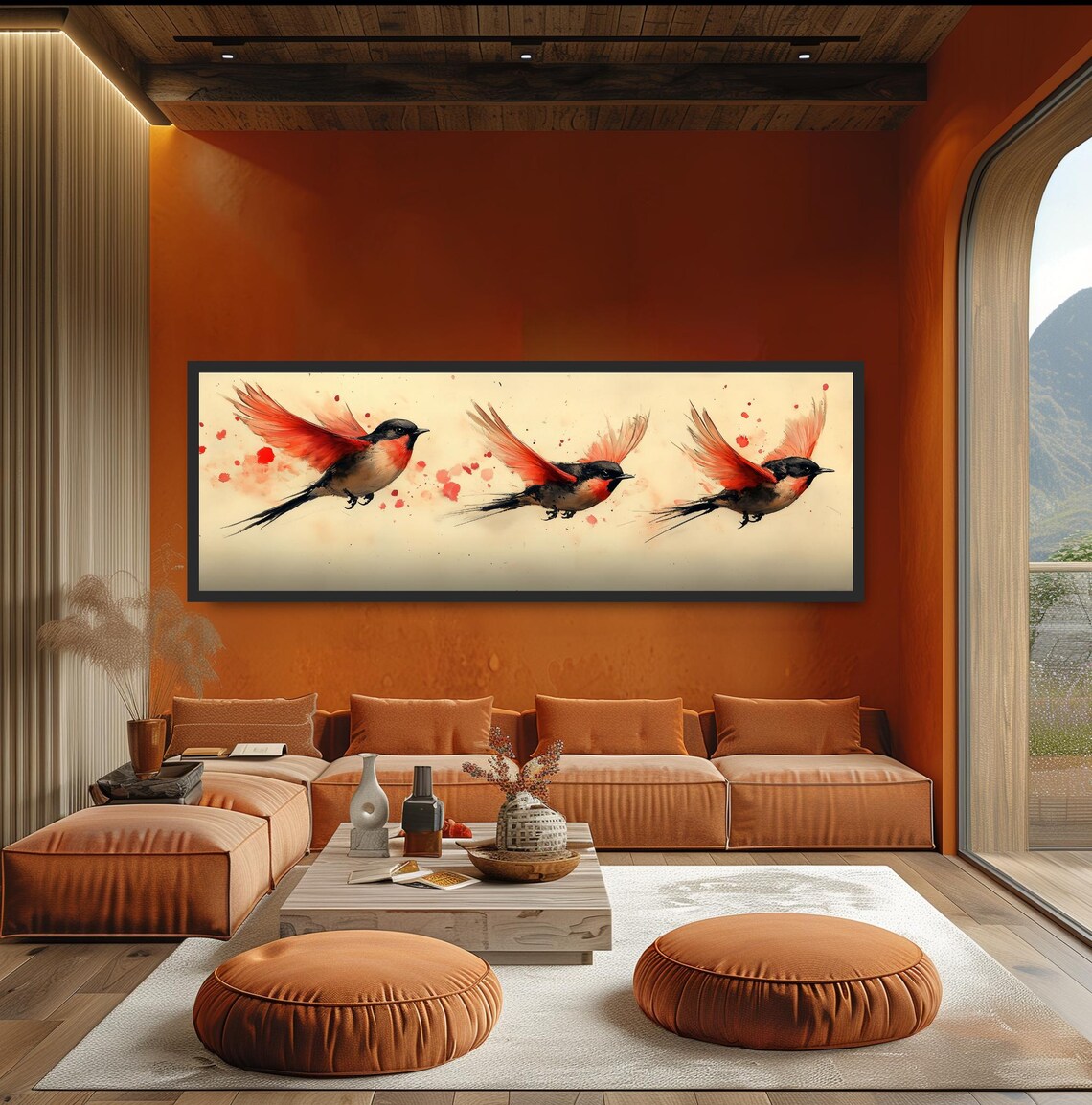 Three Flying Songbirds Red Wings Modern Watercolor Splash Art Poster