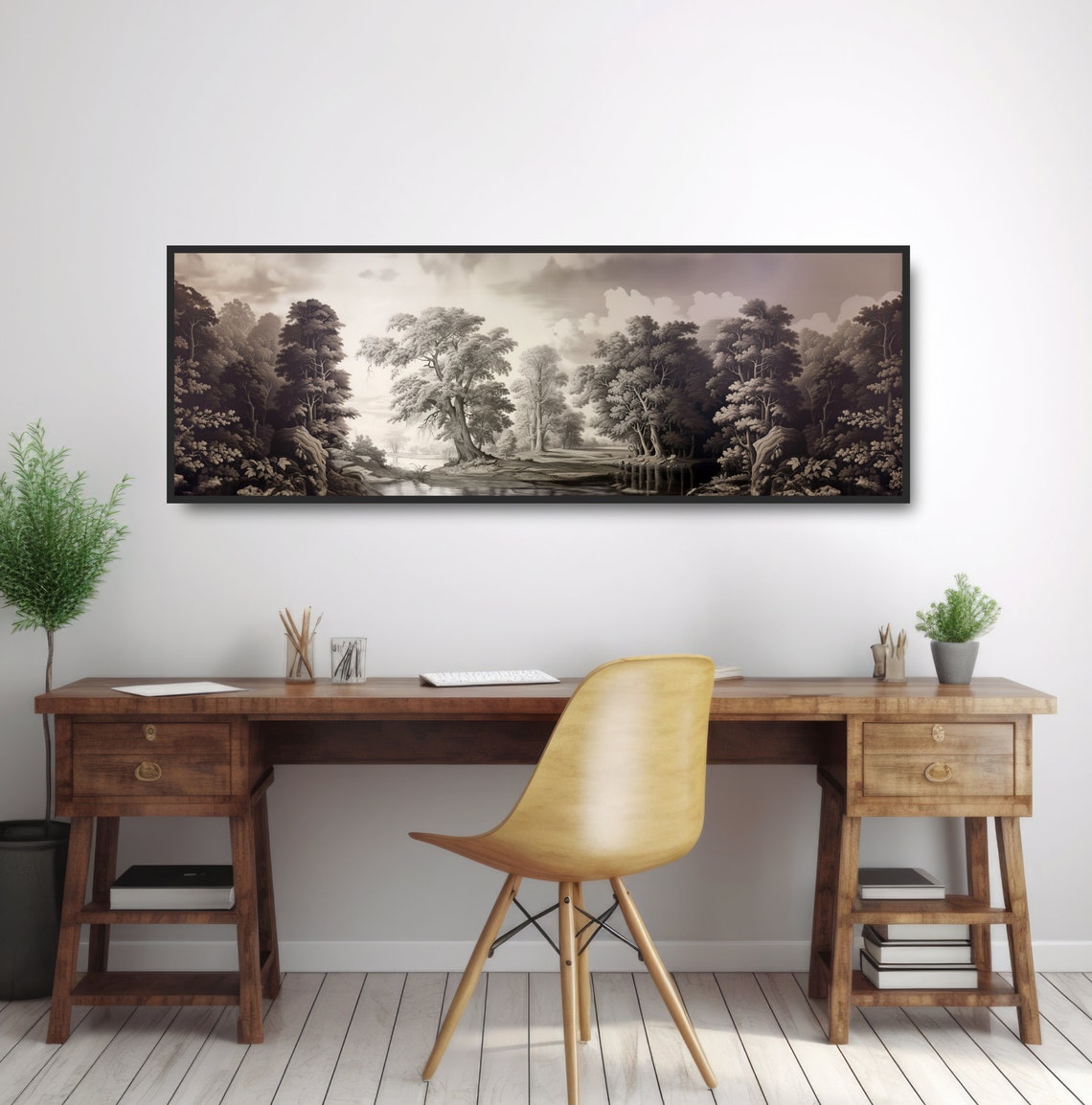 Vintage Black White Country Landscape Etching Trees Pond Wall Poster - Image 3