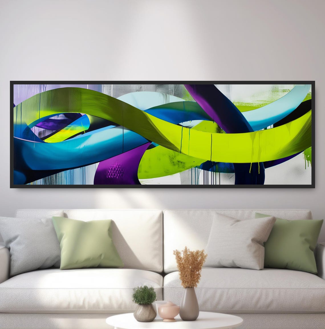 Panoramic Graffiti Abstract Neon Green Blue Urban Street Art Poster