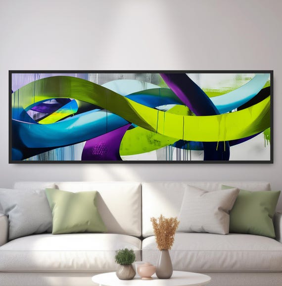 Panoramic Graffiti Painting Dynamic Abstract Wall Art Dripping Spray Paint Green Blue Artwork Bold Neon Colors Modern Urban Street Decor