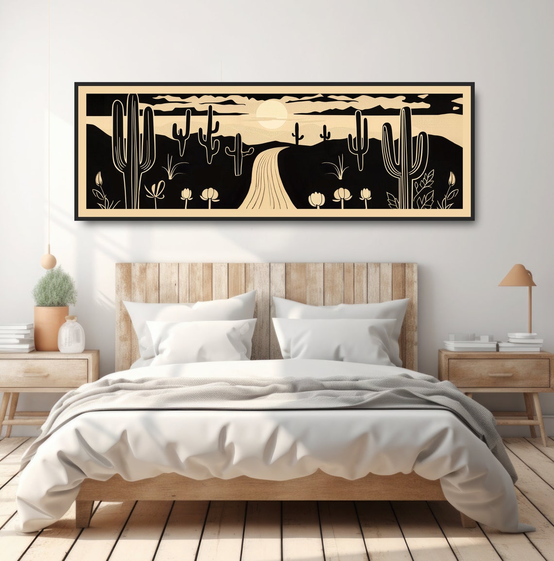 Winding Desert Road Saguaro Cactus Monochrome Woodcut Style Poster - Image 4