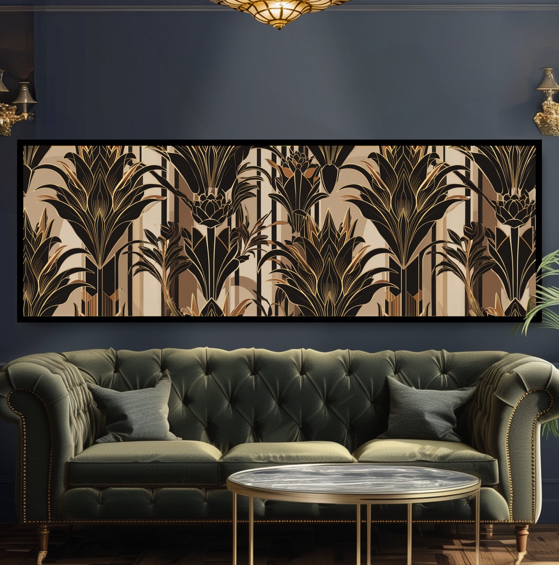 Art Deco Botanical Pattern Black Gold Luxury Fronds Wall Decor Print