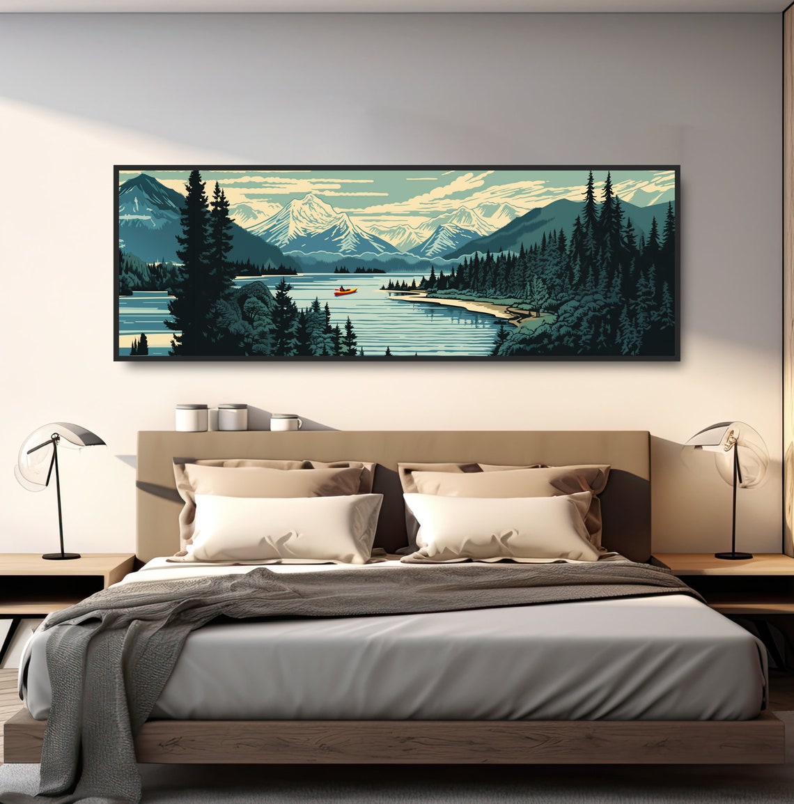 Gift For Kayaker Vintage Mountain River Bold Nature Illustration Large Retro Nostalgic Panoramic Landscape Monochrome Teal Blue Black - Image 5