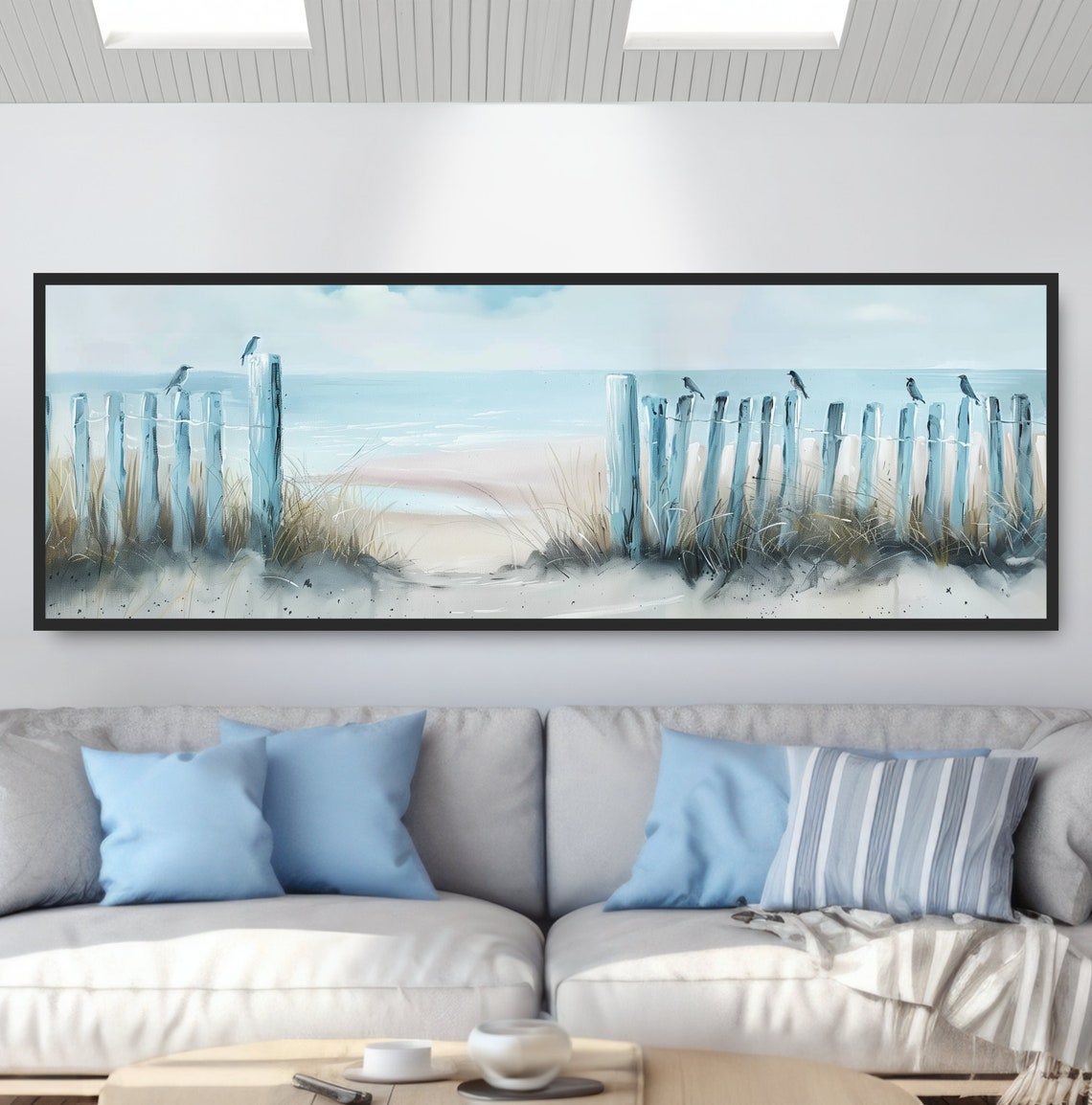 Seagulls on Beach Fence Watercolor Panoramic Coastal Dunes Wall Art