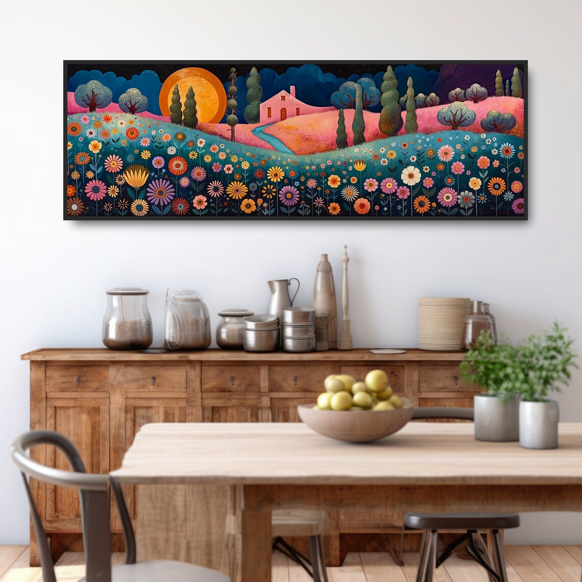 Whimsical Full Moon Night Cottage Folk Art Panoramic Flower Field Print - Image 3