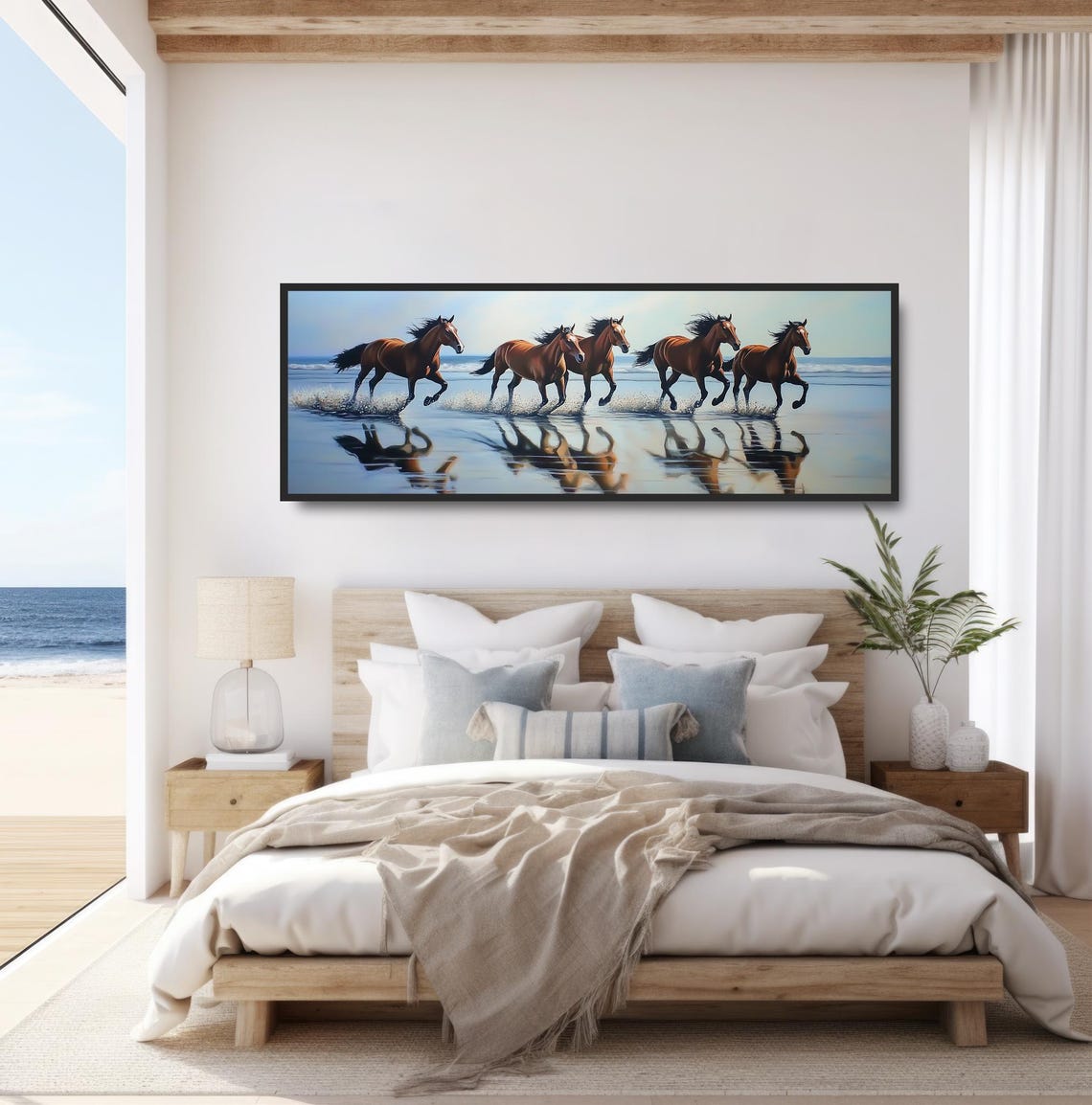 Five Chestnut Horses Running Shoreline Waves Splash Equine Print - Image 4
