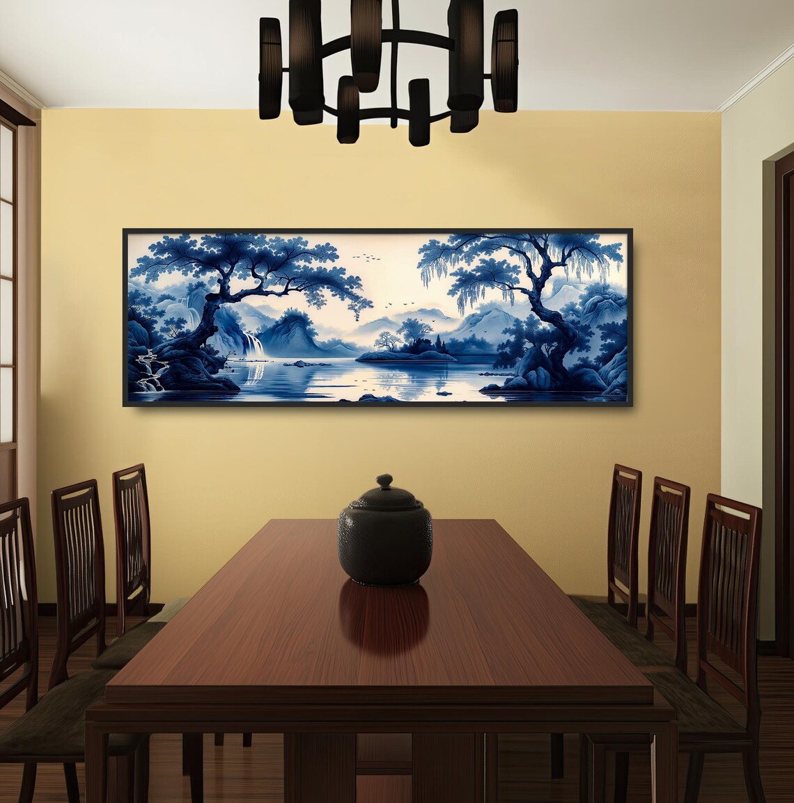Asian Blue Waterfall Lake Painting Chinoiserie Misty Morning Print - Image 3
