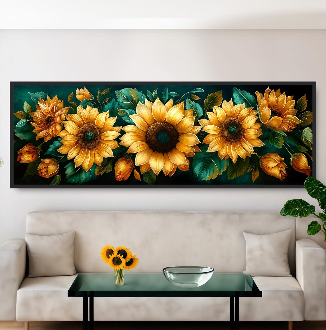 Blooming Sunflowers Painting Art Nouveau Deco Flowers Yellow Garden Illustration Country Farmhouse Home Decor Autumn Botanical Artwork