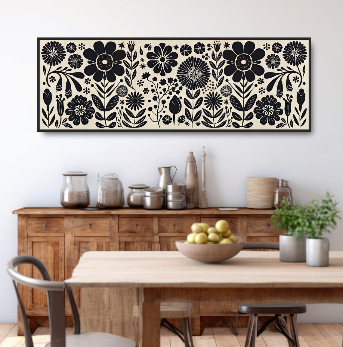 Minimalist Black Beige Floral Pattern Panoramic Boho Botanical Print - Image 3