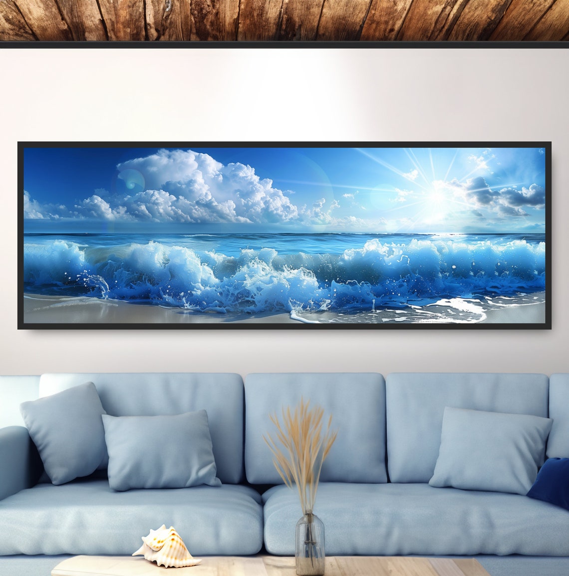 Crashing Blue Ocean Waves Bright Sun Clouds Seashore Wall Poster