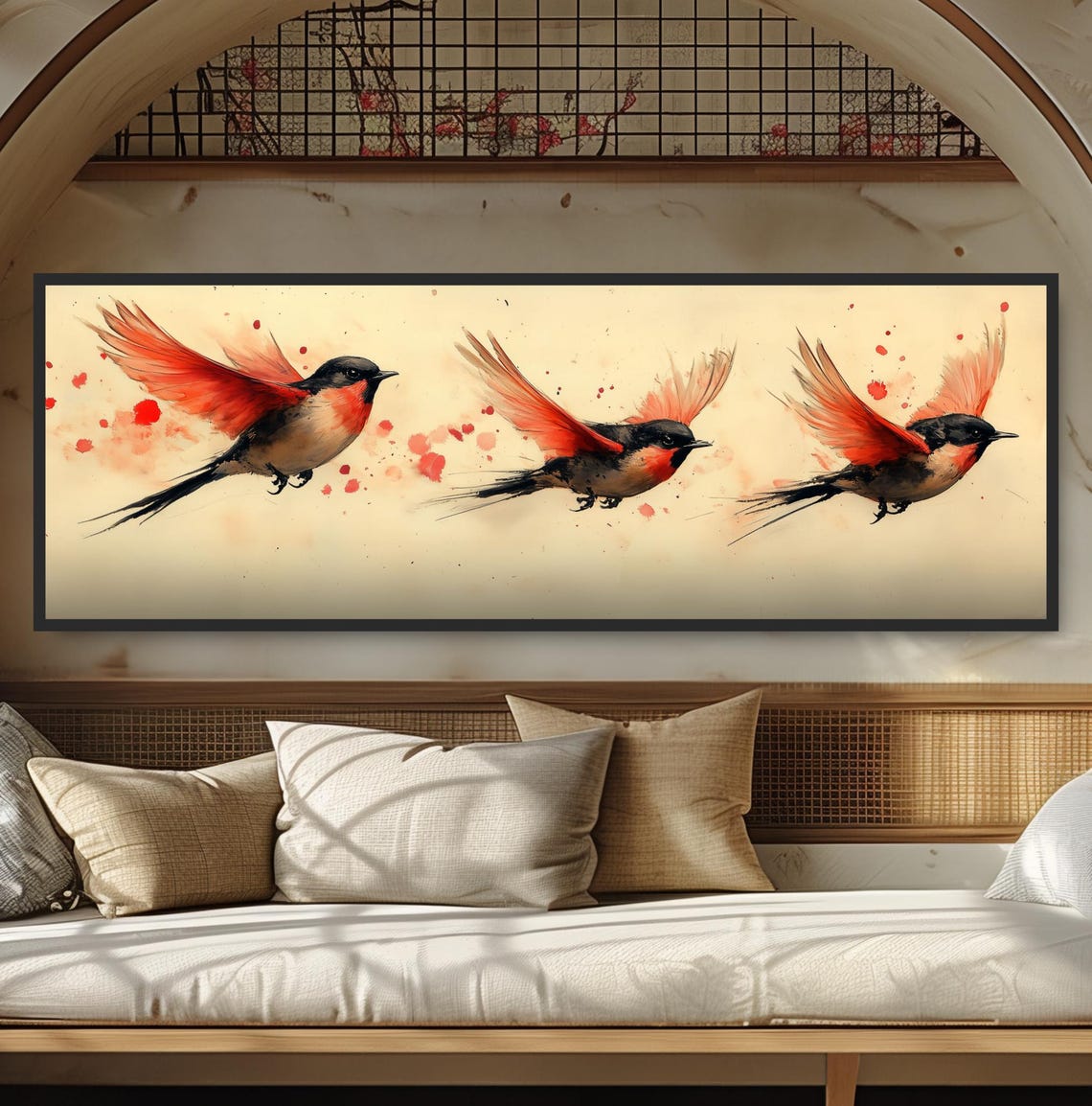 Three Flying Songbirds Red Wings Modern Watercolor Splash Art Poster - Image 5