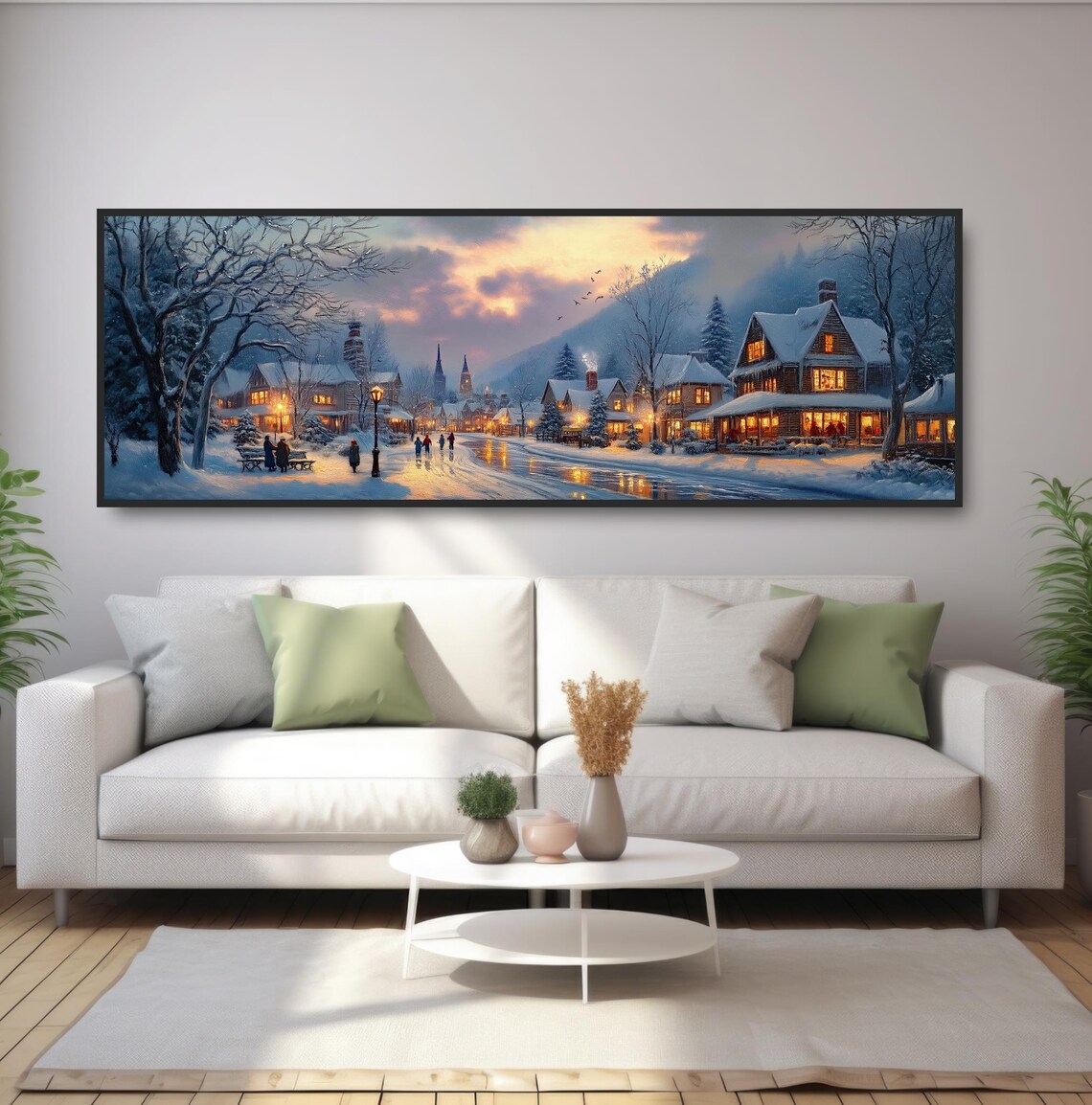 Snow Covered Town Church Spires Lamplight Dusk Winter Scene Poster - Image 5