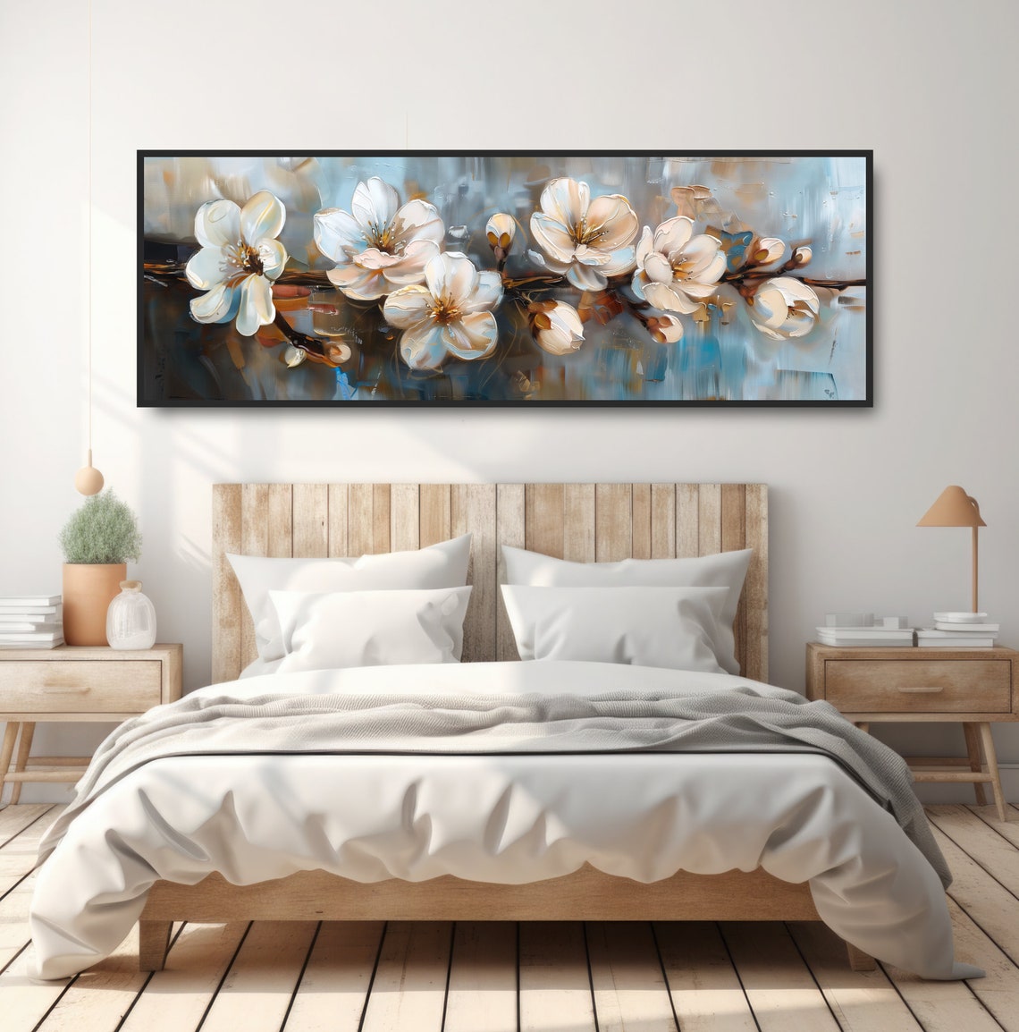 White Cherry Blossom Branch Oil Painting Panoramic Floral Wall Art - Image 4