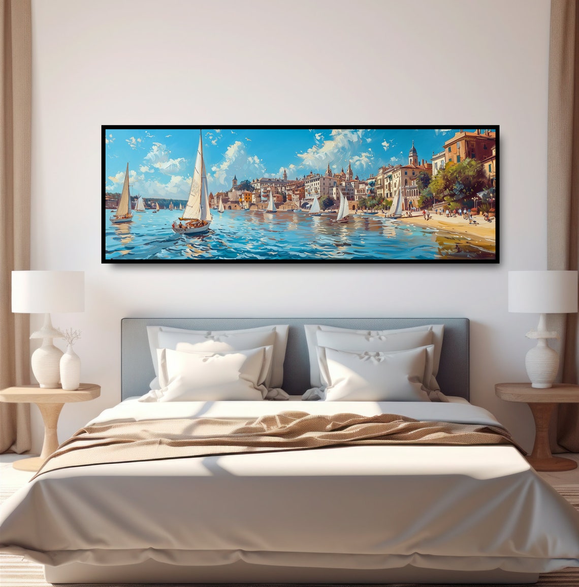 Mediterranean Coastal Harbor Sailboats Sunny Seaside Town Art Poster - Image 4