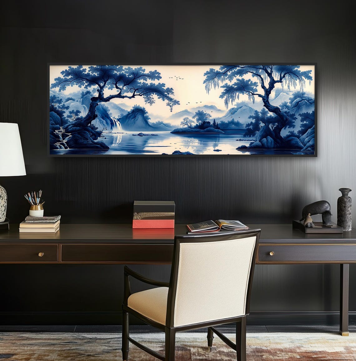 Asian Blue Waterfall Lake Painting Chinoiserie Misty Morning Print - Image 2