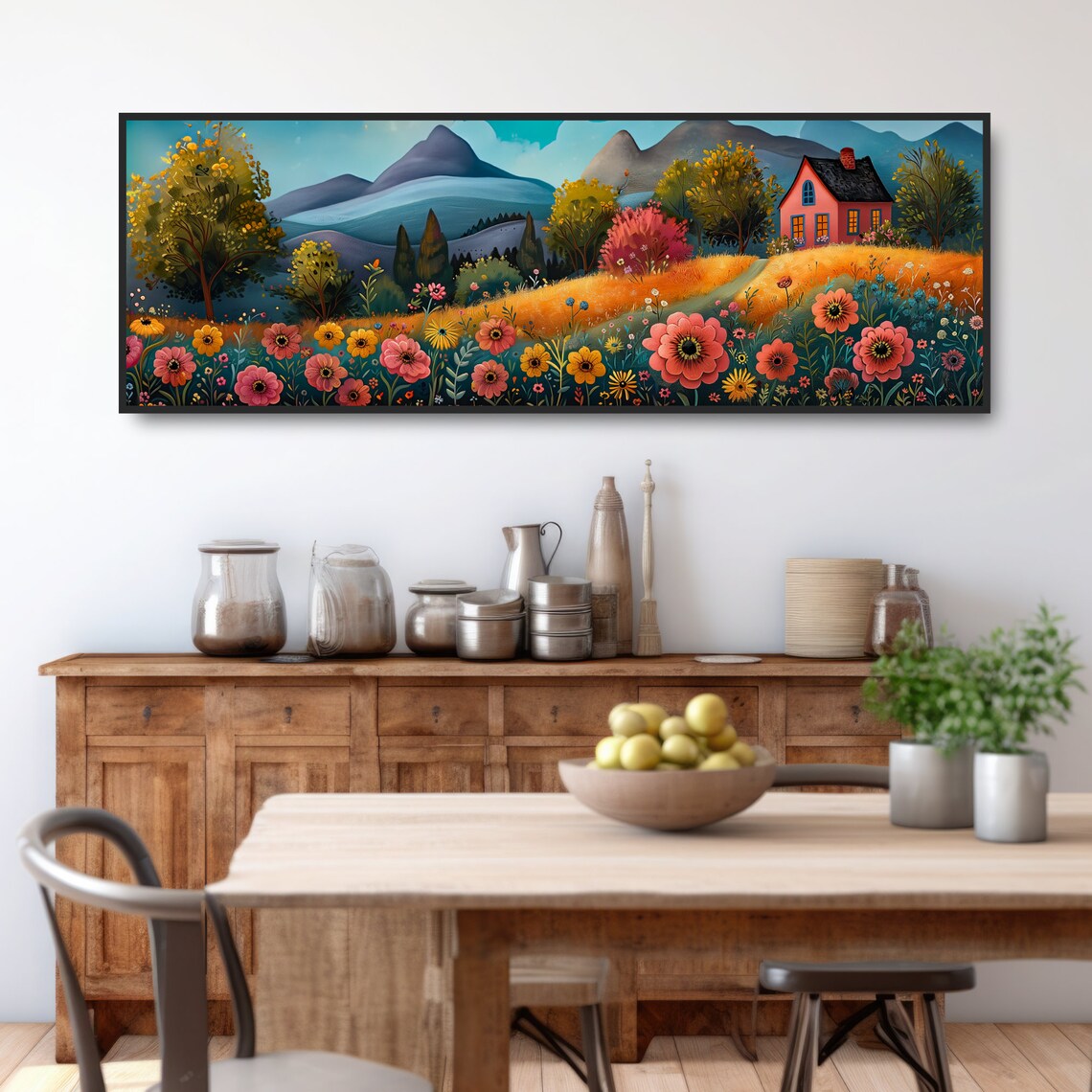 Whimsical Mountain Cottage Folk Art, Farmhouse Art Print - Image 3