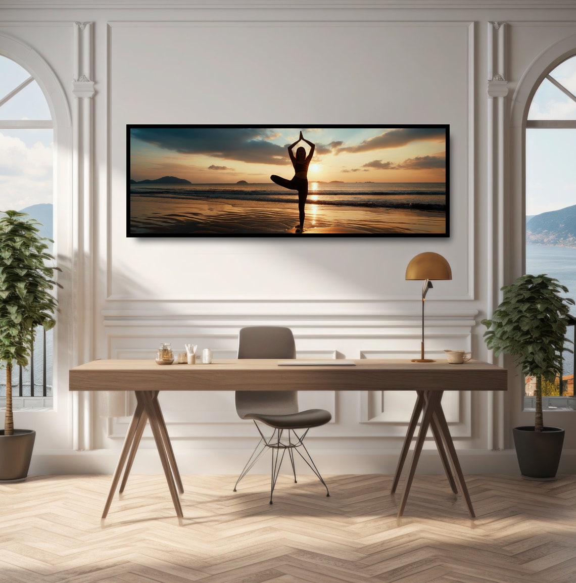 Beach Yoga Tree Pose Sunrise Silhouette Golden Ocean Panoramic Poster - Image 2