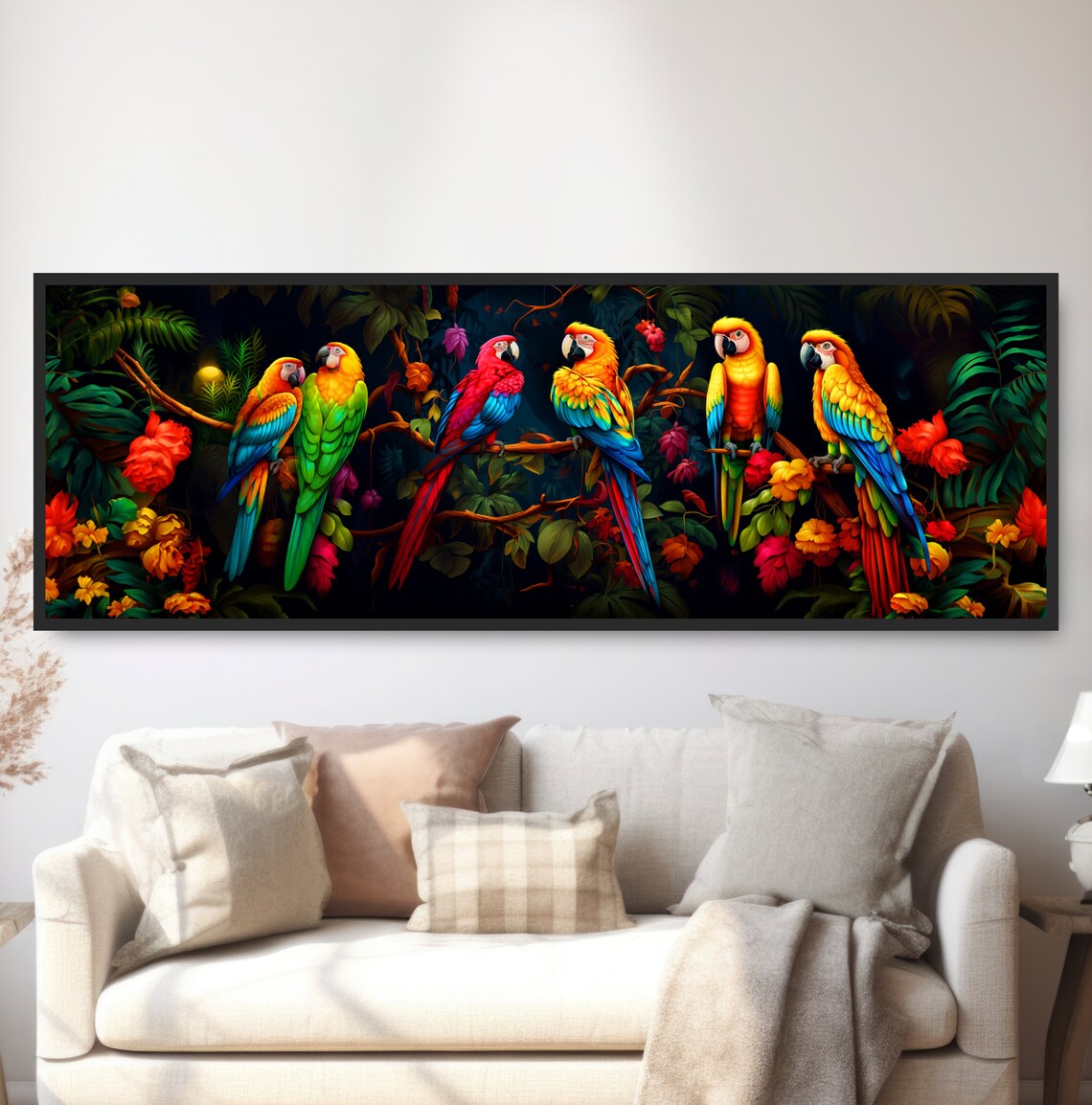Colorful Jungle Parrots Art Print, Tropical Birds