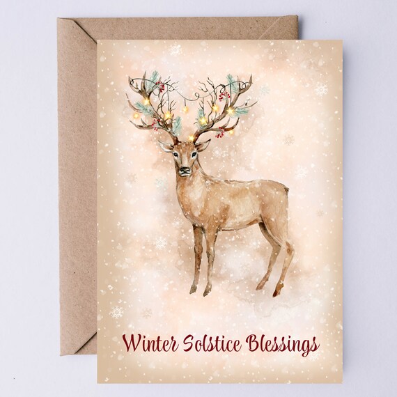 Winter Solstice Christmas Stag Watercolor Art Print