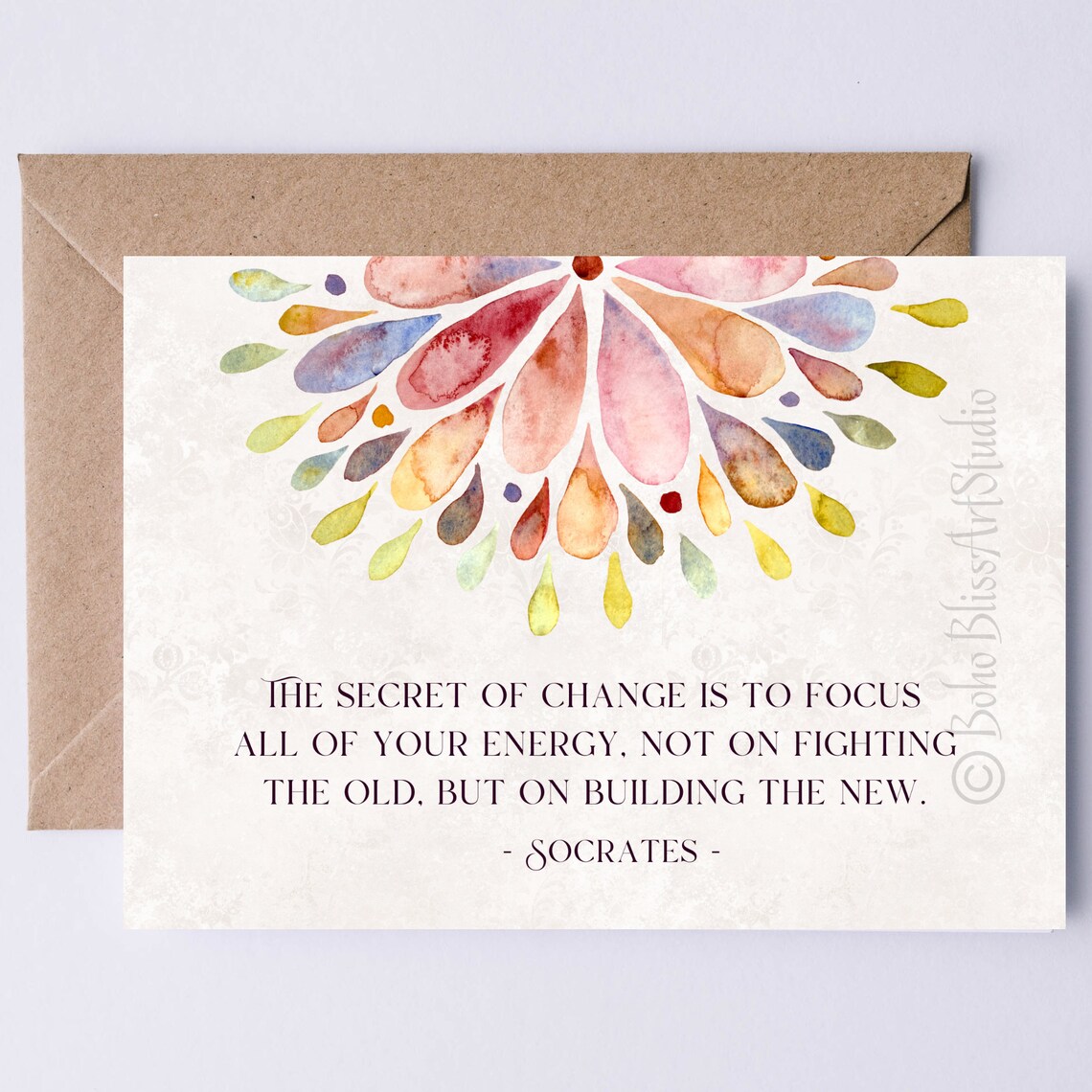 Socrates Secret of Change Quote Watercolor Splash Inspirational Card Print