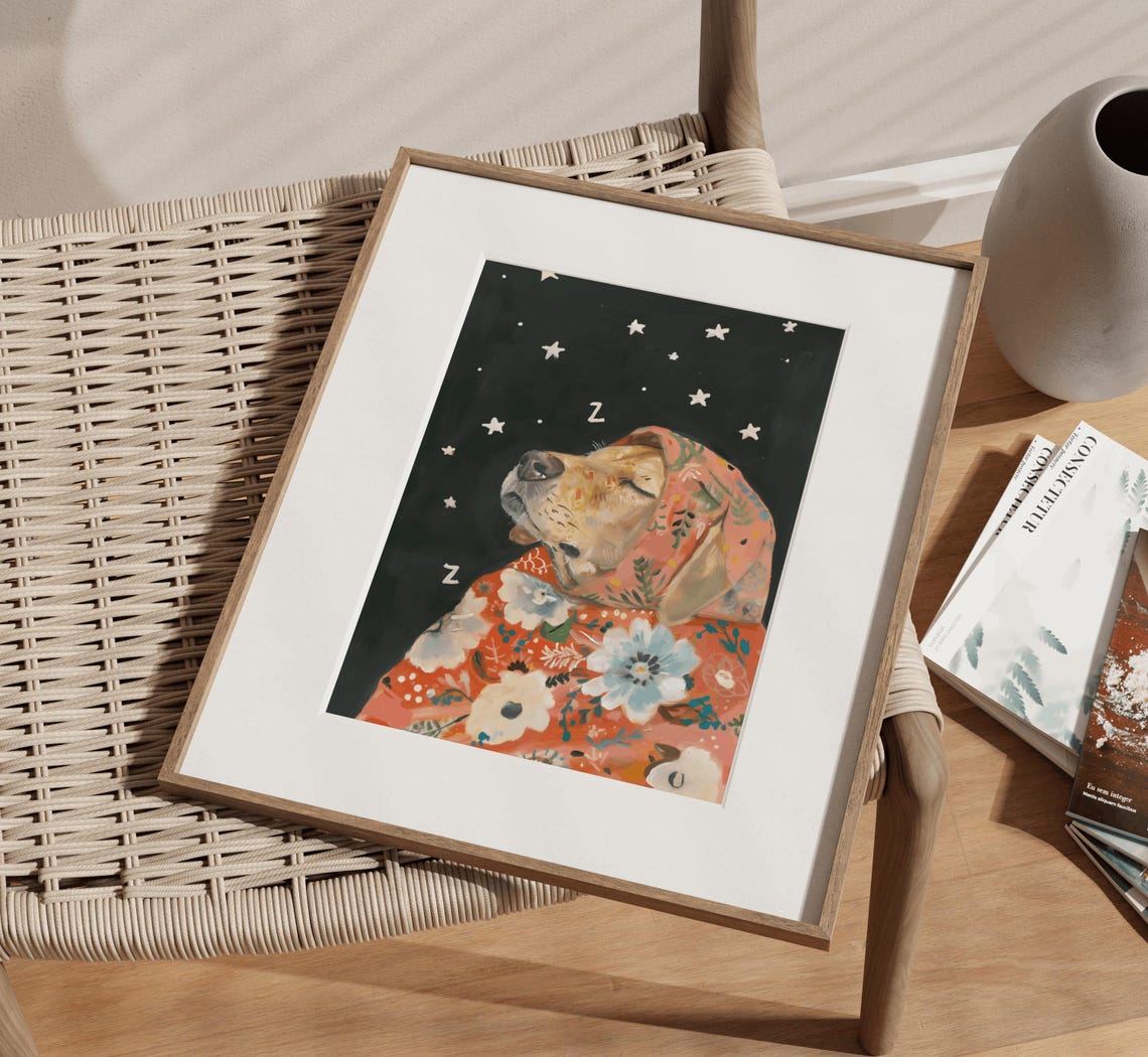 Sleeping Golden Retriever Floral Babushka Starry Night Poster - Image 3