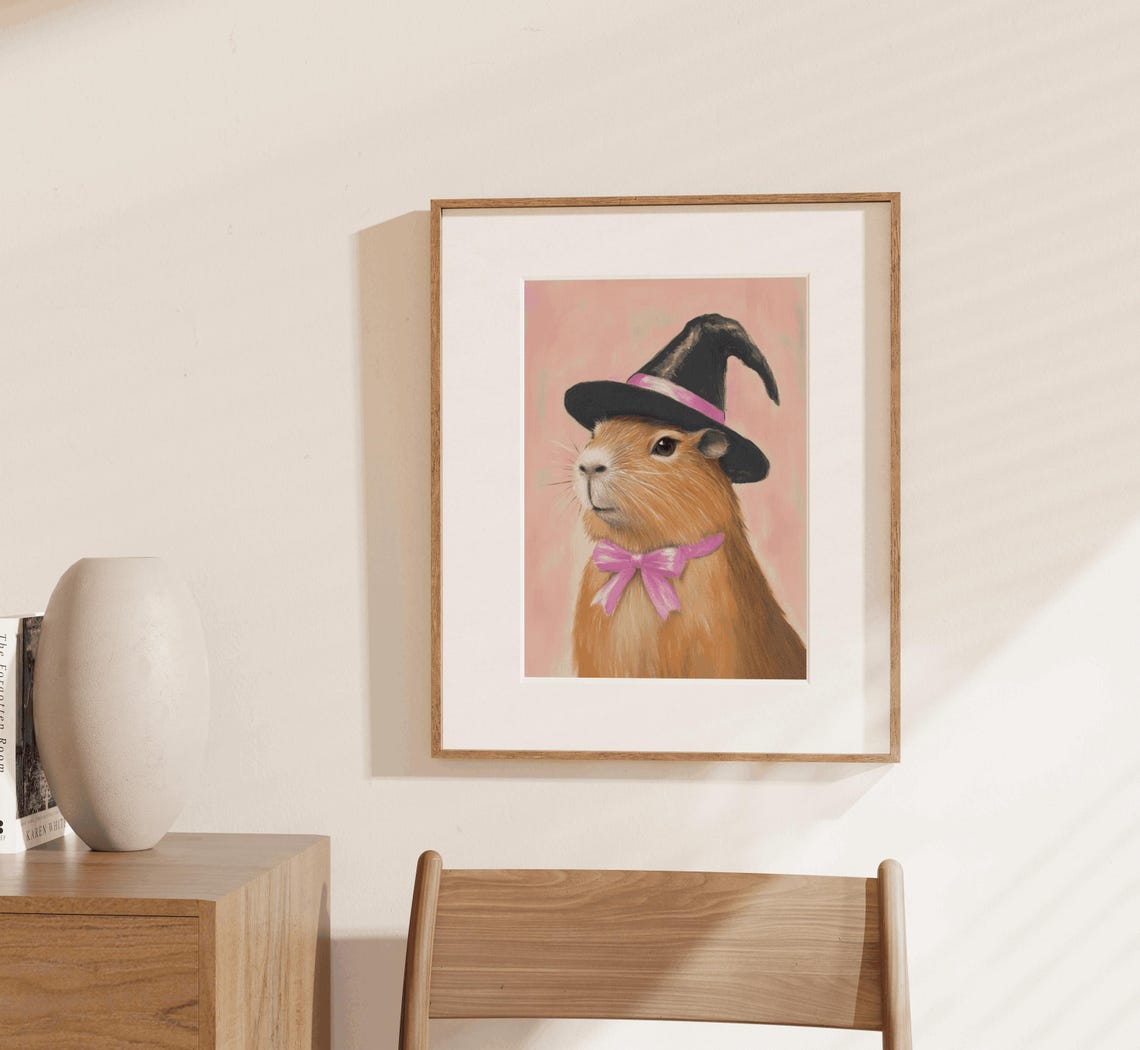 Capybara Witch Hat Pink Bow Cute Halloween Watercolor Art Print - Image 3